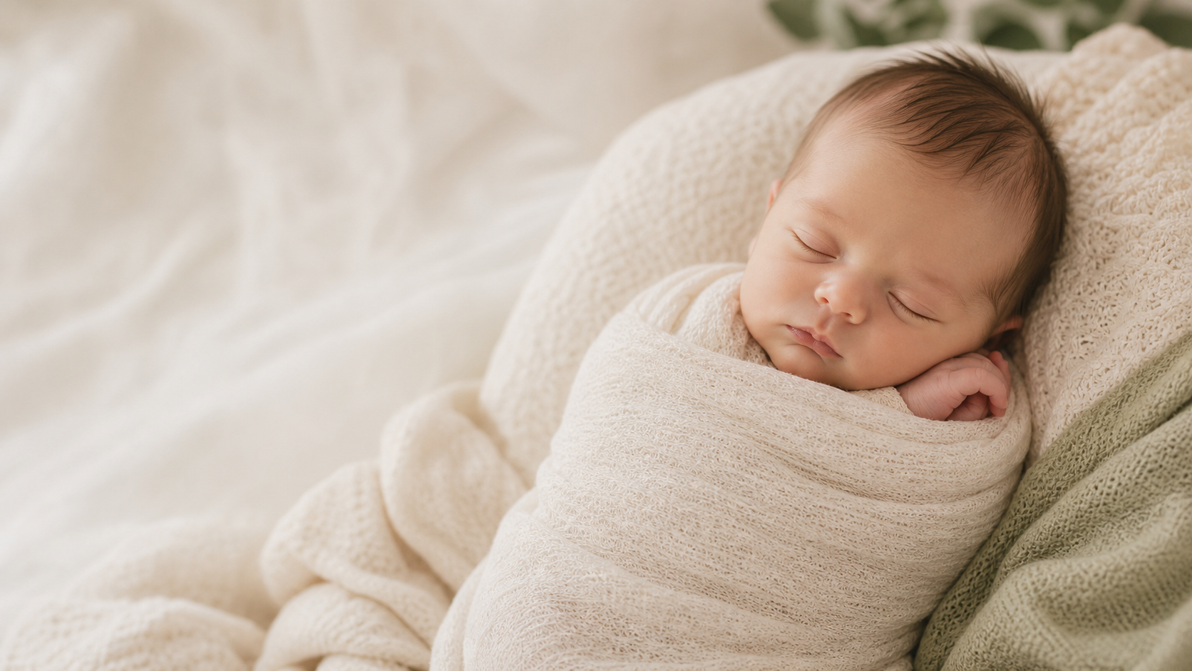 Sleeping newborn baby wrapped in soft cream fabric