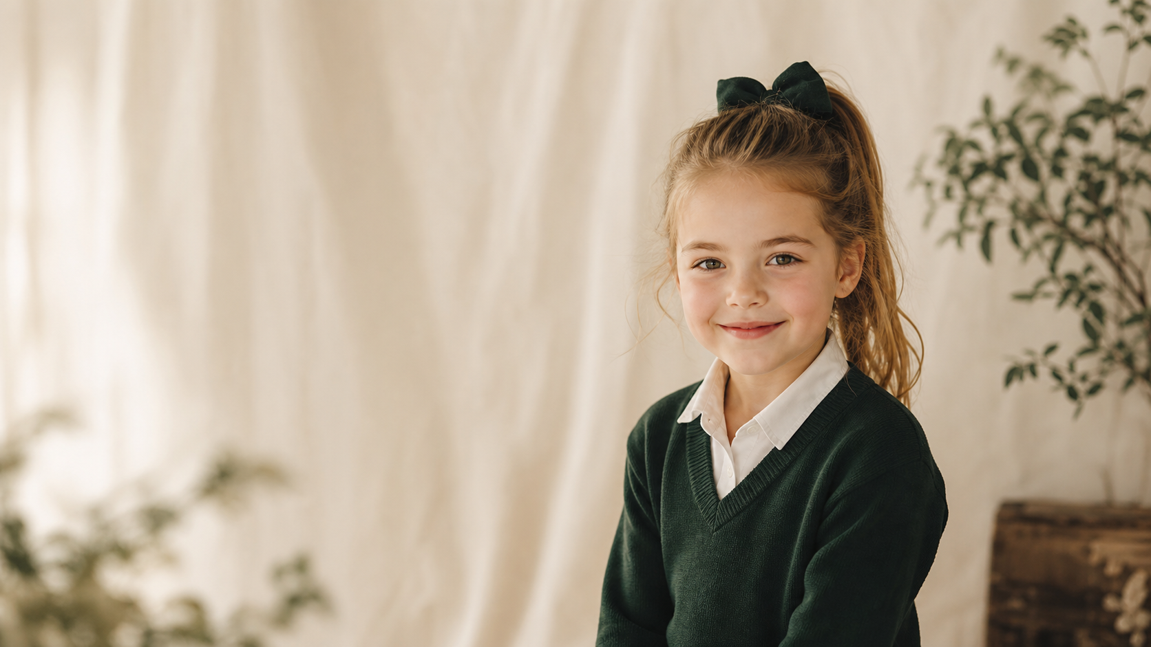 School portrait of a smiling child in a green jersey against a soft linen backdrop