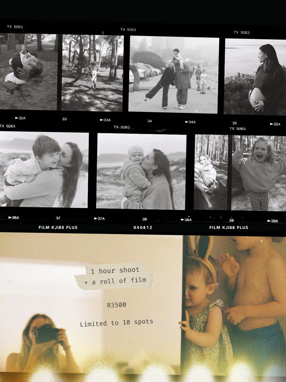 A contact sheet of black-and-white film portraits: children, families and an expectant mother