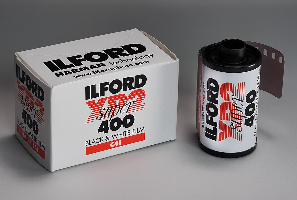 A box and canister of Ilford XP2 Super 400 black & white 35mm film