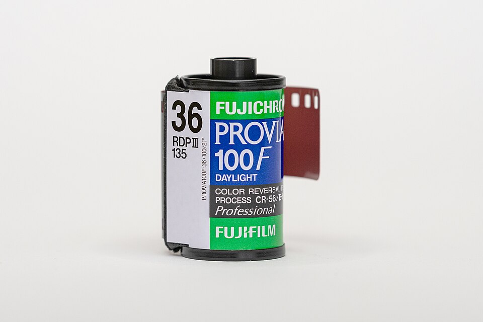 A roll of Fujifilm Provia 100F colour slide film